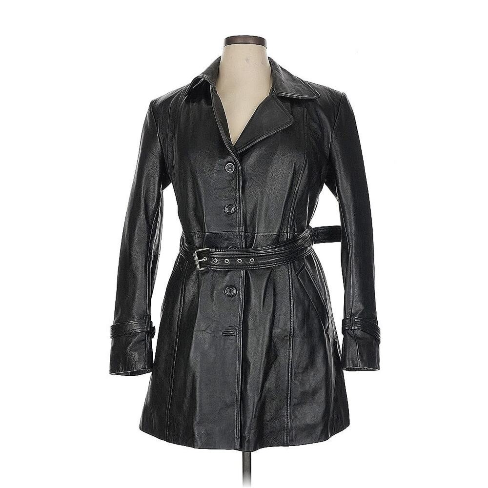 Genuine Leather Trench Belted Jacket Blazer Coat Black Longline Moto Buckle